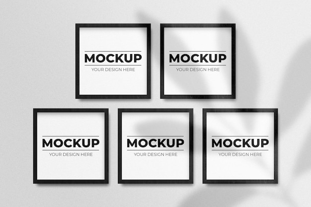 Realistic black square photo frame mockup on wall with shadow