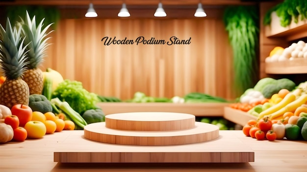 PSD realistic blank wooden podium stage placed in organic food supershop with decoreted spotlight