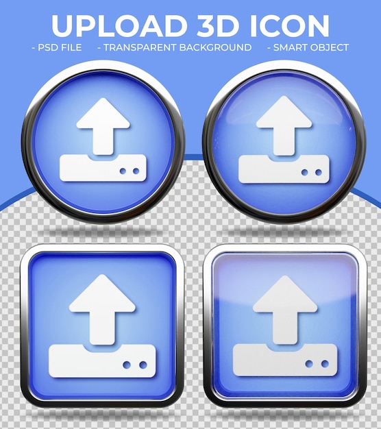 realistic blue glass button shiny round and square 3d server upload icon