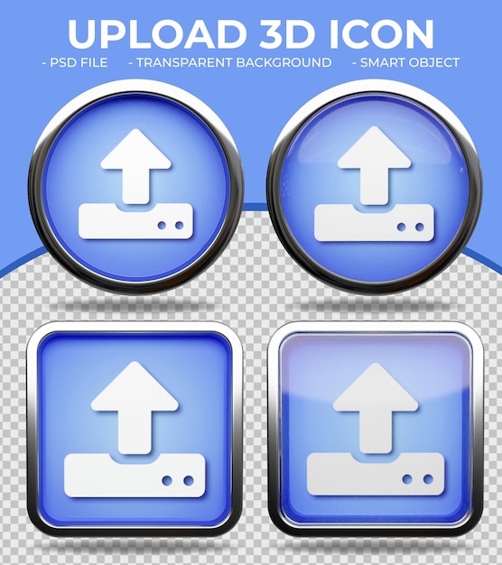 PSD リアルな青いガラスボタン光沢のある円形と正方形の3dサーバーアップロードアイコン