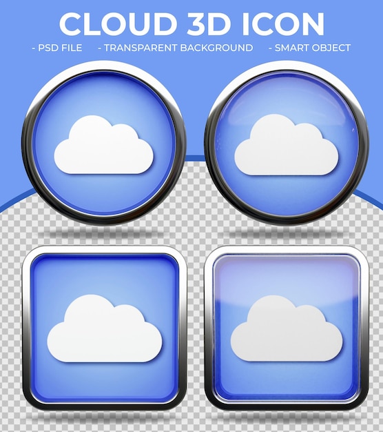 Realistic blue glass button shiny round and square 3d cloud icon