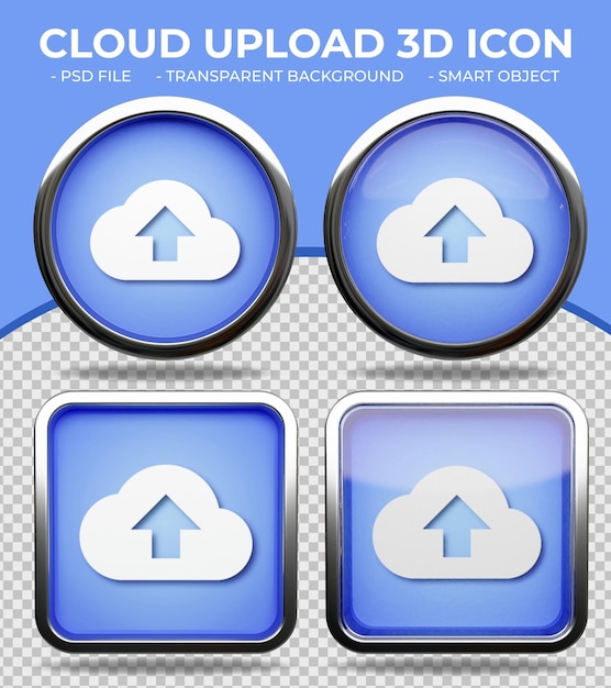 Pulsante realistico di vetro blu lucido rotondo e quadrato 3d cloud upload icon
