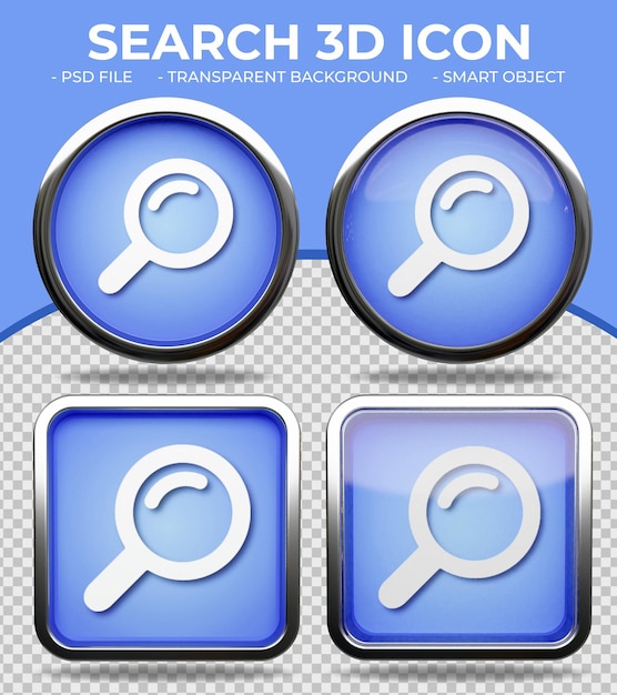 Realistic blue glass button shiny round and square 3d search icon