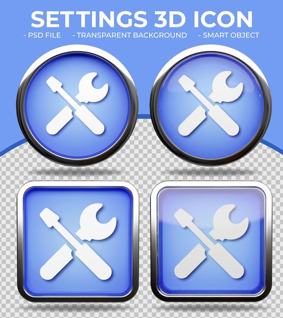 PSD icona realistica delle impostazioni 3d rotonda e quadrata con pulsante di vetro blu realistico