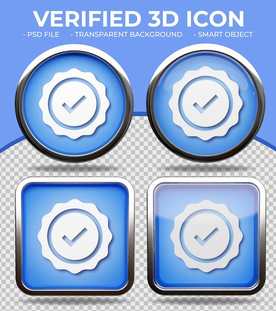 PSD realistic blue glass button shiny round and square 3d verified user icon