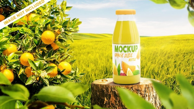 PSD bottiglia realistica di succo mockup con sfondo naturale annuncio