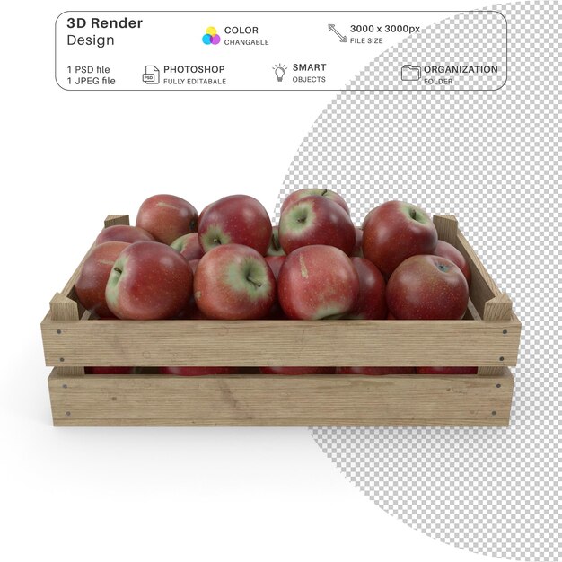 PSD realistic box of apples 3d model detailed psd file for food and retail design