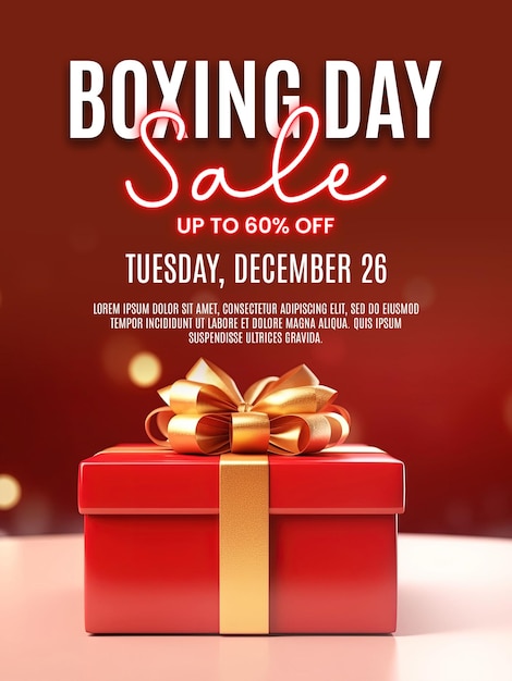 PSD realistic boxing day sale with gift red box gold ribbon