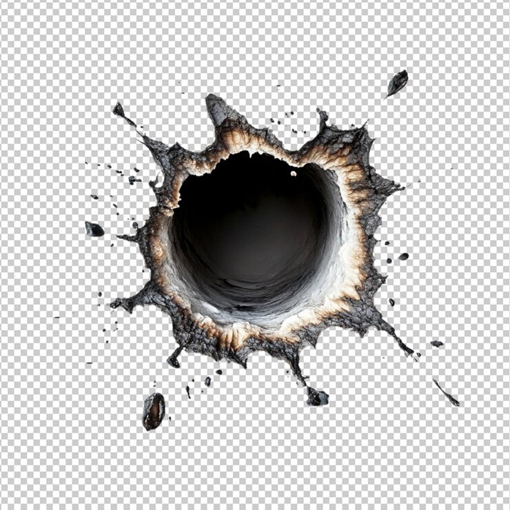 PSD realistic bullet hole impact crater explosion effect design 3d art dark gray high black brown metal