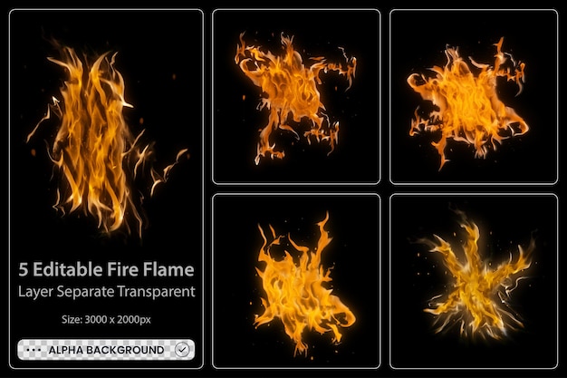 Realistic burning fire flames with shiny bright elements Set