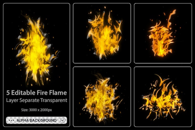 Realistic burning fire flames with shiny bright elements set