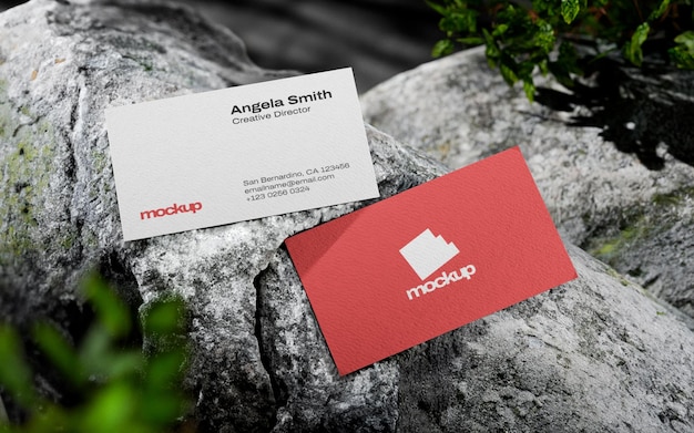 PSD realistic business card mockup on a rock