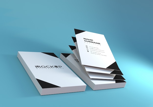 PSD realistic business card mockup with blue background for presentation