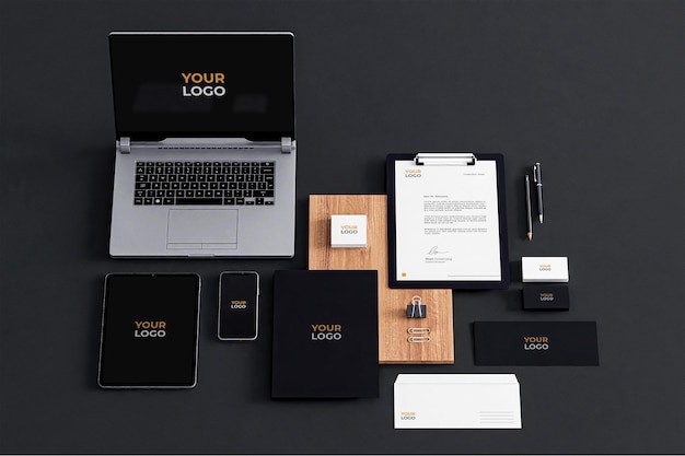 PSD realistic business stationery company mockup black white laptop phone tab