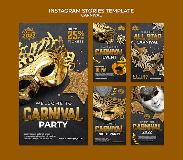 PSD design realistico del modello di storie di instagram di carnevale