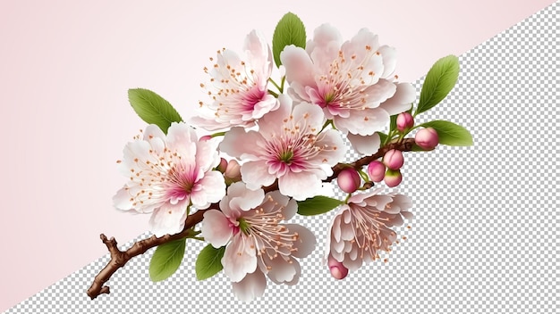 PSD realistic cherry blossom, sakura branch with pink flowers and petals