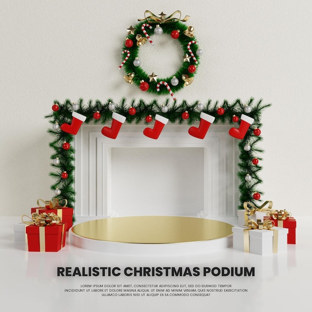 Realistic christmas interior podium with fireplace