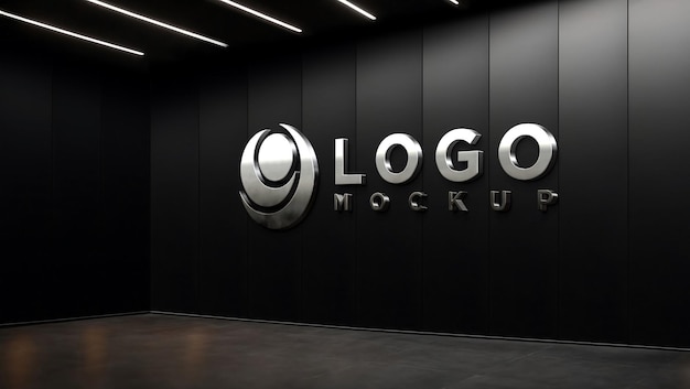 Mockup realistico del logo a parete nera in cromo