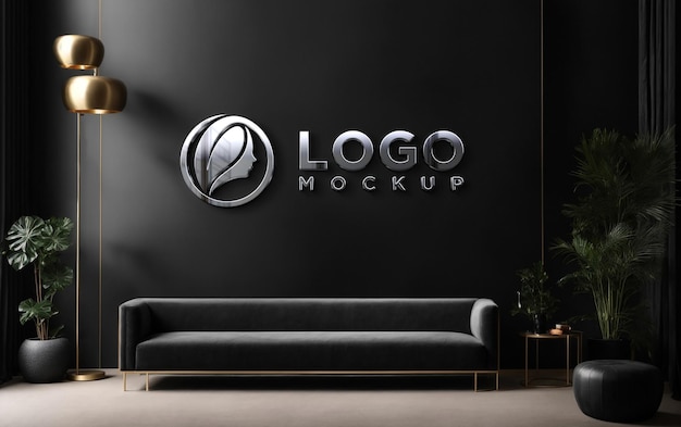 Realistic chrome metallic black wall logo mockup