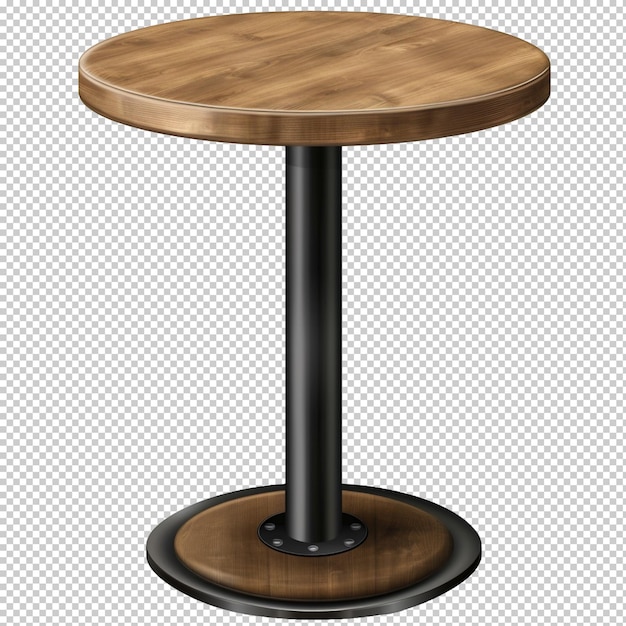 A realistic circular bar table with black metal legs and a brown wood top transparent background