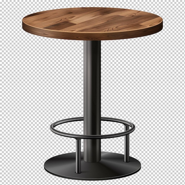 A realistic circular bar table with black metal legs and a brown wood top transparent background