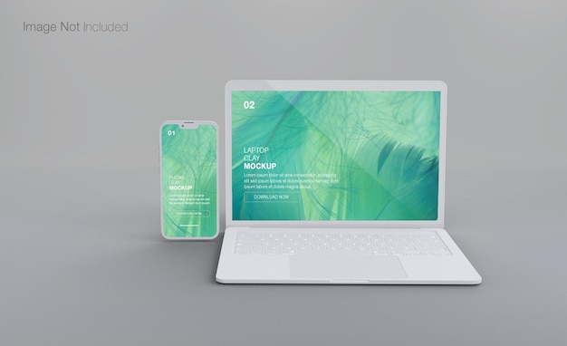 Rendering realistico di mockup di laptop e telefono in argilla