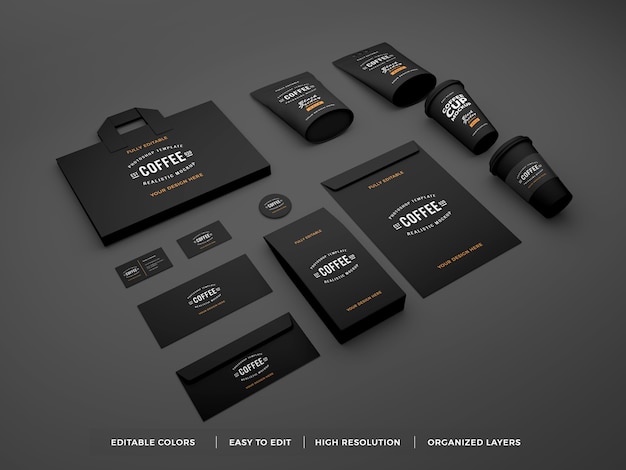 Realistic coffee brand identity and stationery mockup