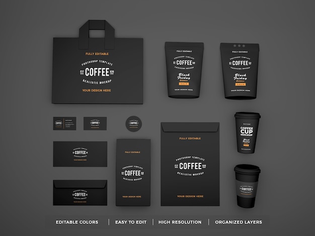 PSD realistic coffee brand identity and stationery mockup