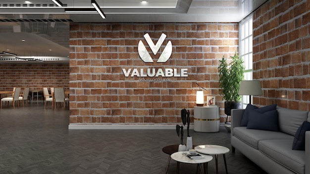 realistic coffee shop logo mockup in cafe or restaurant with brick wall