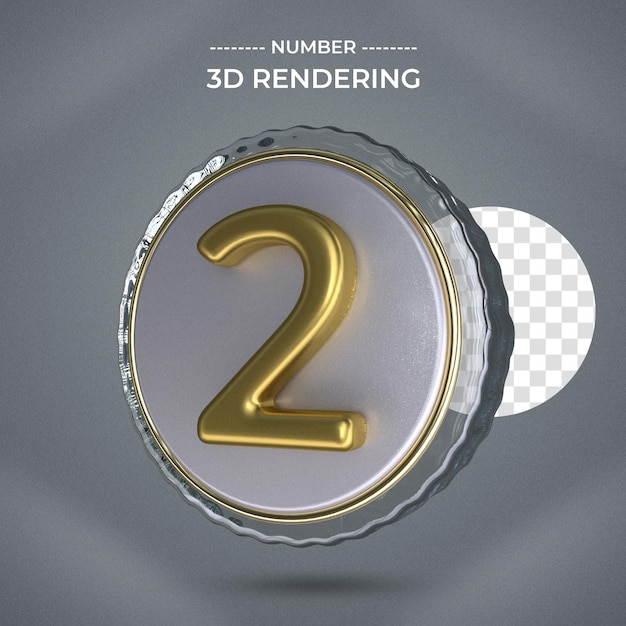 Moneta realistica con il numero 2 rendering 3d sfondo trasparente