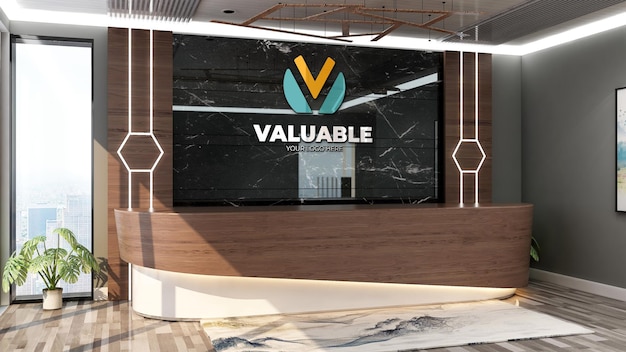 Realistic company logo mockup in the luxury office reception room