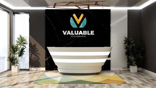 Mockup realistico del logo aziendale nella moderna reception dell'ufficio