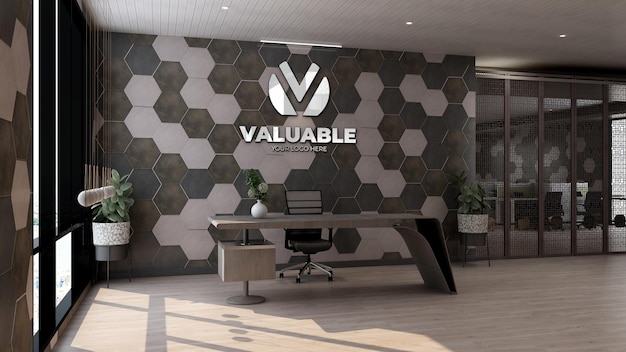 realistic company logo mockup in the office front desk or reception room