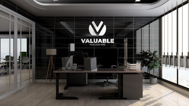реалистичный макет логотипа компании в комнате офис-менеджера с роскошным интерьером с черной стеной