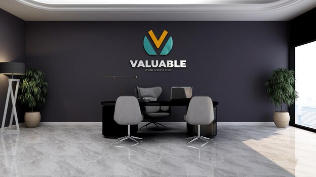 Realistic company logo mockup in office manager space with luxury design interior