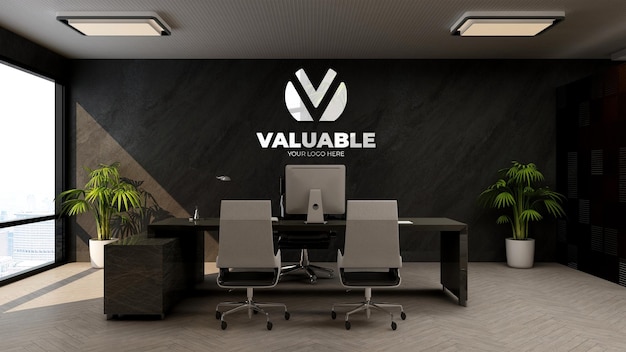 Реалистичный макет логотипа компании на стене в офисе бизнес-менеджера