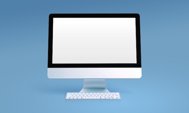 Realistic computer monitor front view mockup with empty white screen isolated on blue background