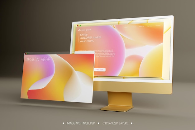 PSD 랜딩 페이지 모형을 위한 웹 브라우저 창이 있는 현실적인 컴퓨터 화면
