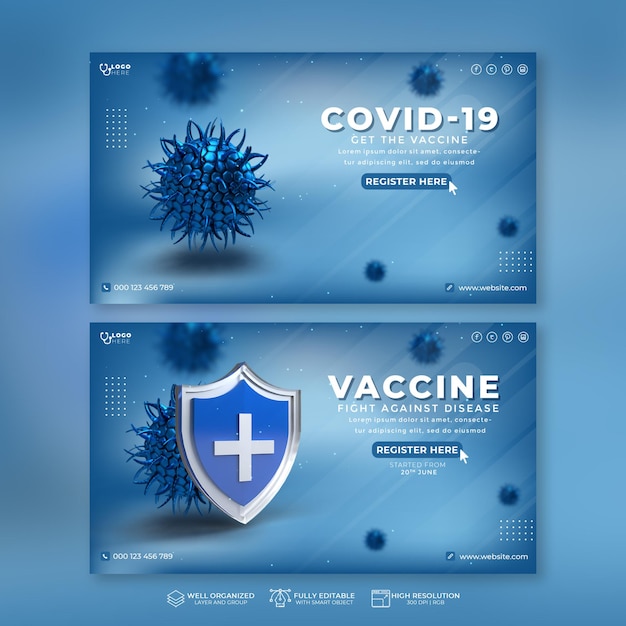 PSD collezione di banner realistici per il vaccino contro il covid