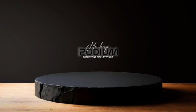 Realistic dark round black rock podium stand on a table in a dark studio backdrop for product show