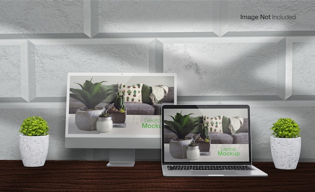 Realistic dekstop and laptop mockup with office nature background isolated render psd