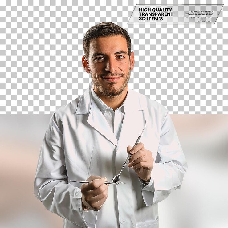 Realistic dentist with a caring look on transparent background
