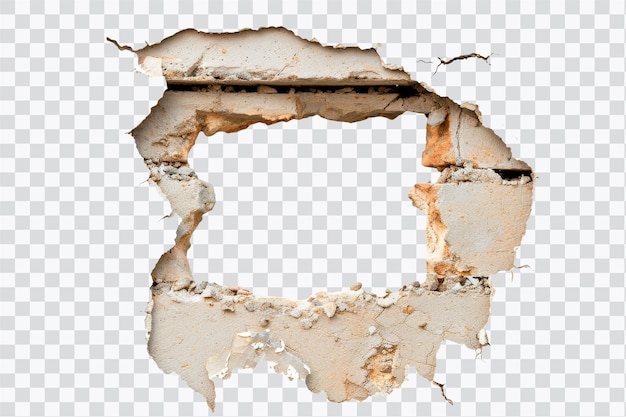 A realistic depiction of a broken wall with a rectangular hole showcasing damaged plaster and texture