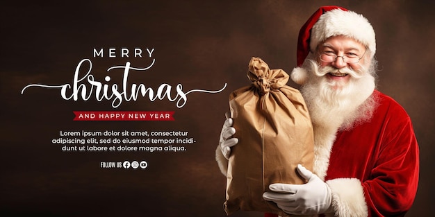 プレゼントの袋を運ぶサンタクロースと現実的なデザインのメリー クリスマス バナー テンプレート