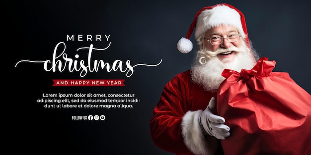 PSD modello di banner di buon natale dal design realistico con babbo natale che porta un sacco di regali