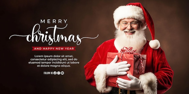 PSD realistic design merry christmas banner template with santa claus carrying a sack of gifts