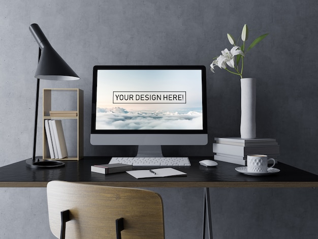 PSD realistic desktop pc mockup design template with editable screen in modern black interior workspace