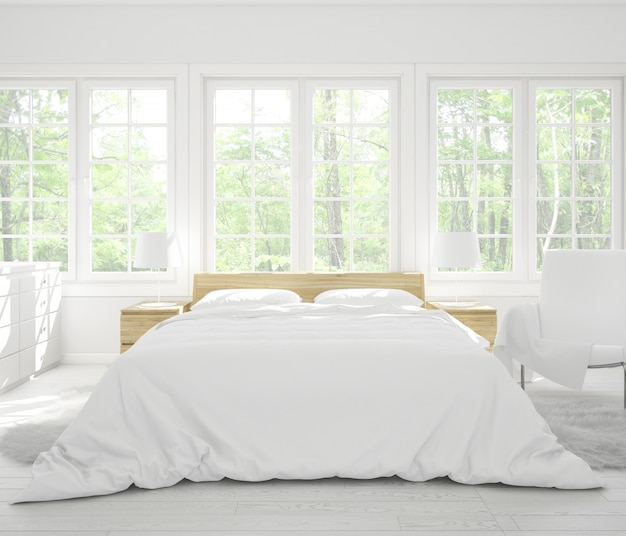 realistic double bedroom with furniture and big windows