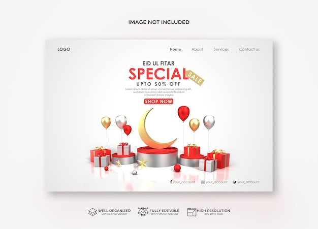 Realistic eid landing page and sale banner with gifts and balloons