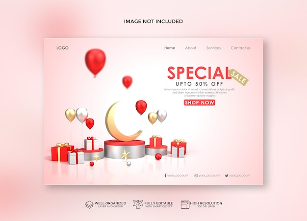 Realistic eid landing page and sale banner with gifts and balloons